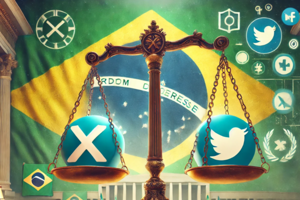 Symbolic scales of justice with Brazil’s flag on one side and the X (Twitter) logo on the other. Background includes icons for social media moderation, free speech, and the Brazilian Supreme Court, illustrating the legal balance between regulation and free