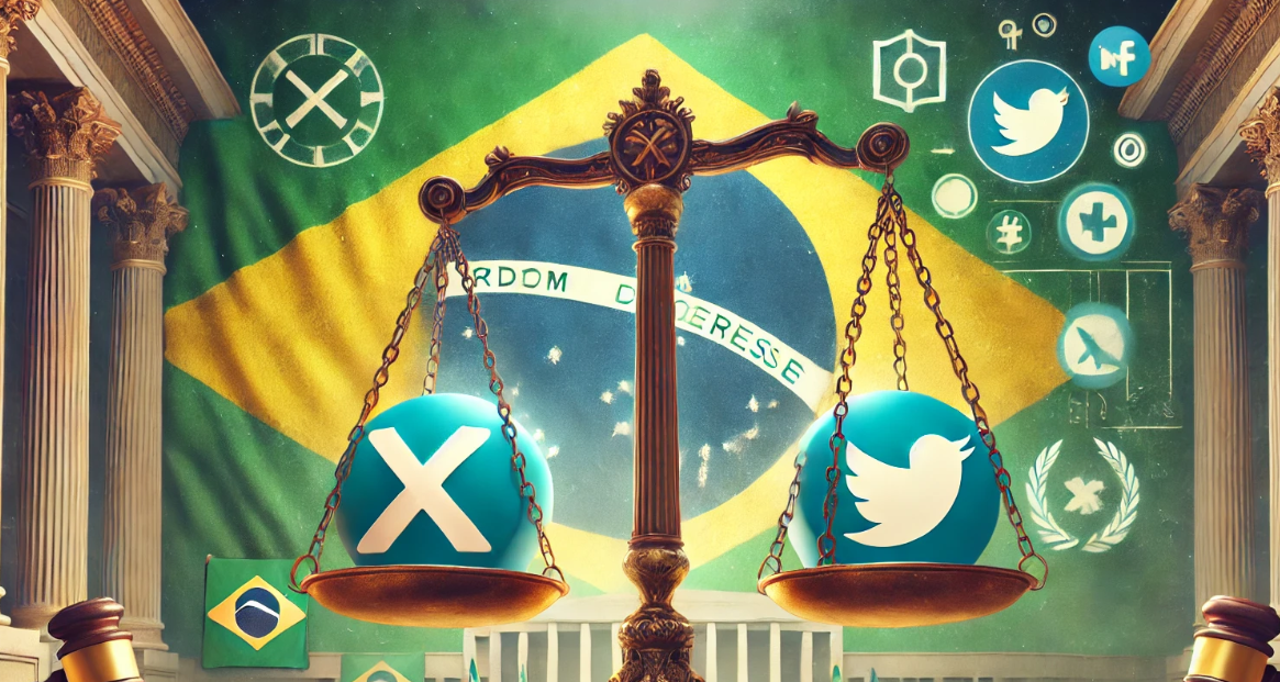 Symbolic scales of justice with Brazil’s flag on one side and the X (Twitter) logo on the other. Background includes icons for social media moderation, free speech, and the Brazilian Supreme Court, illustrating the legal balance between regulation and free