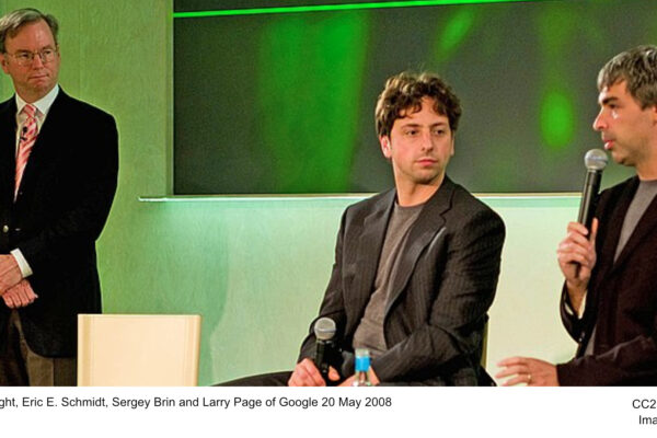 Left to right, Eric E. Schmidt, Sergey Brin and Larry Page of Google 20 May 2008