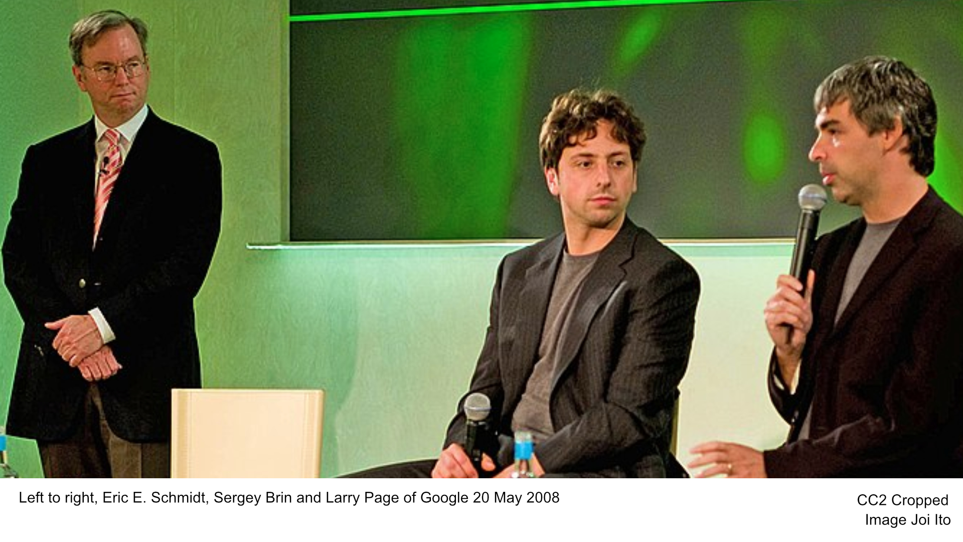 Left to right, Eric E. Schmidt, Sergey Brin and Larry Page of Google 20 May 2008