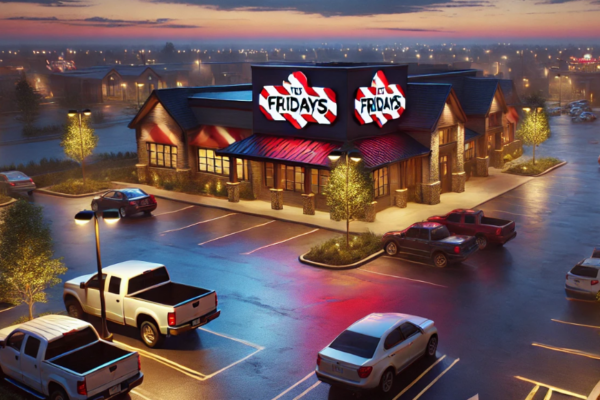 A TGI Fridays parking lot at dusk with illuminated signage on the building, under a dim sky with shades of blue, purple, and orange. The lot has a few scattered cars, light poles casting warm yellow light on the pavement, and trees lining the borders. The scene captures the calm of early evening.