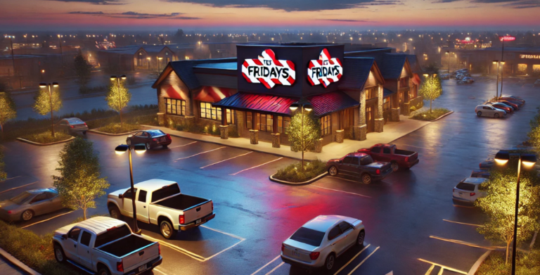 A TGI Fridays parking lot at dusk with illuminated signage on the building, under a dim sky with shades of blue, purple, and orange. The lot has a few scattered cars, light poles casting warm yellow light on the pavement, and trees lining the borders. The scene captures the calm of early evening.