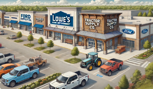 This illustration captures a vibrant suburban shopping center featuring three prominent businesses: Lowe's, Tractor Supply Co., and a Ford dealership. The layout showcases the three establishments side by side, each with distinct architectural details and brand identities.