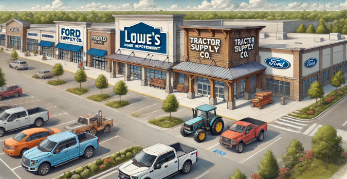 This illustration captures a vibrant suburban shopping center featuring three prominent businesses: Lowe's, Tractor Supply Co., and a Ford dealership. The layout showcases the three establishments side by side, each with distinct architectural details and brand identities.