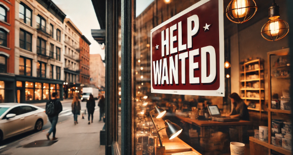 A "Help Wanted" sign with bold red and white lettering displayed in the window of a small business, visible from the street. The window reflects nearby buildings and people passing by, adding to the lively atmosphere. Inside, warm lighting reveals neatly stocked shelves, creating a cozy and inviting ambiance that contrasts with the cooler natural light outside.