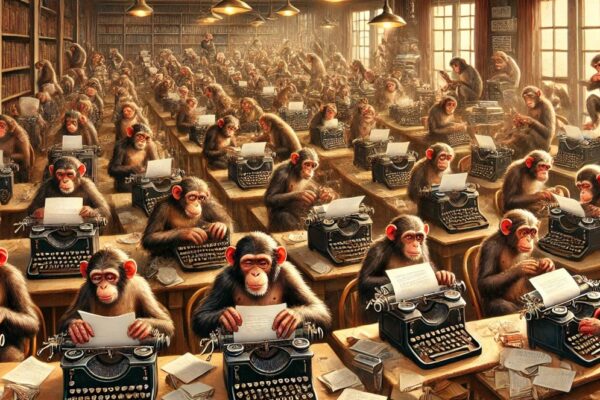 A whimsical scene featuring numerous monkeys typing on old-fashioned typewriters in a vintage, library-like room. The monkeys vary in size and expressions, with some focused on typing while others appear playful or distracted. The setting is warmly lit, with scattered papers and books enhancing the humorous and chaotic atmosphere.