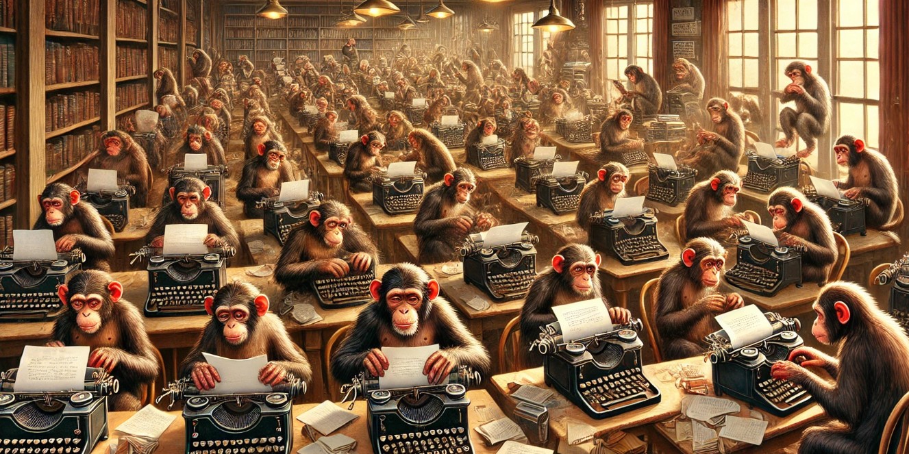 A whimsical scene featuring numerous monkeys typing on old-fashioned typewriters in a vintage, library-like room. The monkeys vary in size and expressions, with some focused on typing while others appear playful or distracted. The setting is warmly lit, with scattered papers and books enhancing the humorous and chaotic atmosphere.