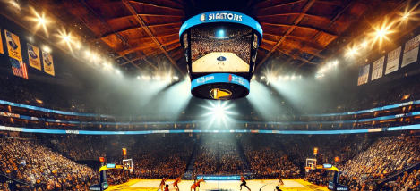 A lively NBA basketball game in a packed indoor arena, with players mid-play and one preparing for a jump shot on the brightly lit court. The hardwood floor reflects the action under the intense stadium lights. Enthusiastic fans fill the stands, some waving team merchandise and holding signs. LED advertising boards and the scoreboard add vibrant lighting around the court, creating an electric atmosphere as coaches, referees, and photographers line the sidelines.