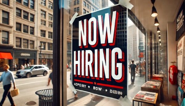 A store window with a "Now Hiring" sign in large, bold letters, displayed prominently to catch attention. The sign, in vibrant red and white, is placed inside the glass, with reflections of a busy urban street, pedestrians, and passing cars visible on the window.