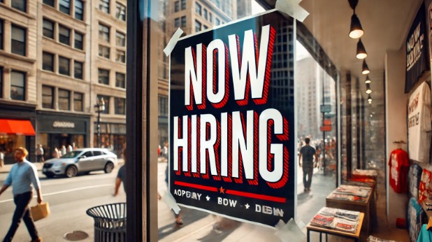 A store window with a "Now Hiring" sign in large, bold letters, displayed prominently to catch attention. The sign, in vibrant red and white, is placed inside the glass, with reflections of a busy urban street, pedestrians, and passing cars visible on the window.