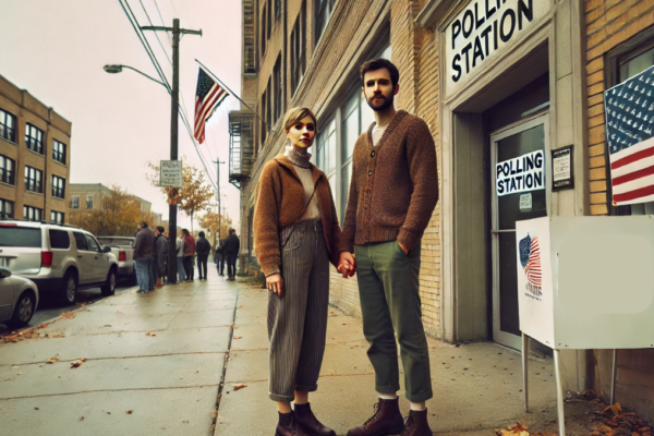 A man and his wife stand outside a polling station on election day, holding hands as they wait to vote. The polling station is a brick building with a sign near the entrance that reads "Polling Station," with an American flag visible nearby. Several people are lined up, creating a scene of civic engagement. The couple is dressed in fall attire, surrounded by scattered autumn leaves on the ground. The sky is overcast, adding a quiet, reflective mood to the scene.