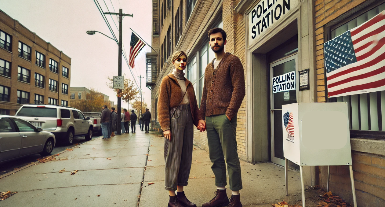 A man and his wife stand outside a polling station on election day, holding hands as they wait to vote. The polling station is a brick building with a sign near the entrance that reads "Polling Station," with an American flag visible nearby. Several people are lined up, creating a scene of civic engagement. The couple is dressed in fall attire, surrounded by scattered autumn leaves on the ground. The sky is overcast, adding a quiet, reflective mood to the scene.