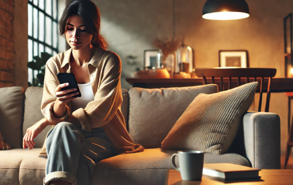 A woman sitting on a modern couch in a cozy living room, looking at her smartphone. She is casually dressed and surrounded by soft cushions, with a coffee table nearby holding books and a mug. The room is warmly lit, creating a relaxed and inviting atmosphere.