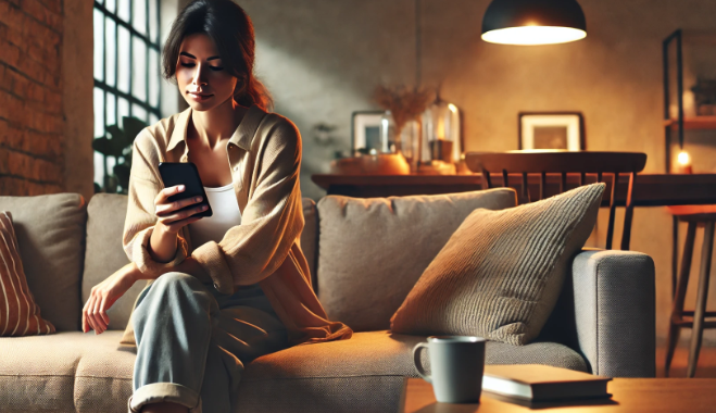 A woman sitting on a modern couch in a cozy living room, looking at her smartphone. She is casually dressed and surrounded by soft cushions, with a coffee table nearby holding books and a mug. The room is warmly lit, creating a relaxed and inviting atmosphere.