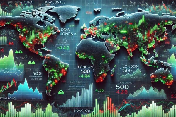 World map with fluctuating stock tickers over New York, London, and Hong Kong. Central graphs of Dow Jones, S&P 500, and Nasdaq trend upwards, while downward trends appear across the map, symbolizing mixed global market reactions.