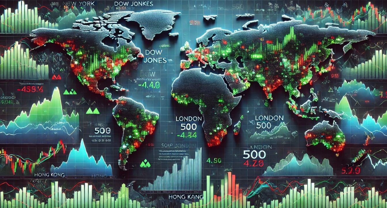 World map with fluctuating stock tickers over New York, London, and Hong Kong. Central graphs of Dow Jones, S&P 500, and Nasdaq trend upwards, while downward trends appear across the map, symbolizing mixed global market reactions.