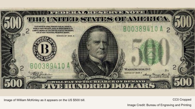 Image of William McKinley as it appears on the US $500 bill.