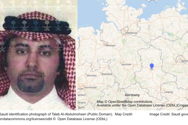 Undated Saudi identification photograph of Taleb Al-Abdulmohsen (Public Domain). Map Credit: