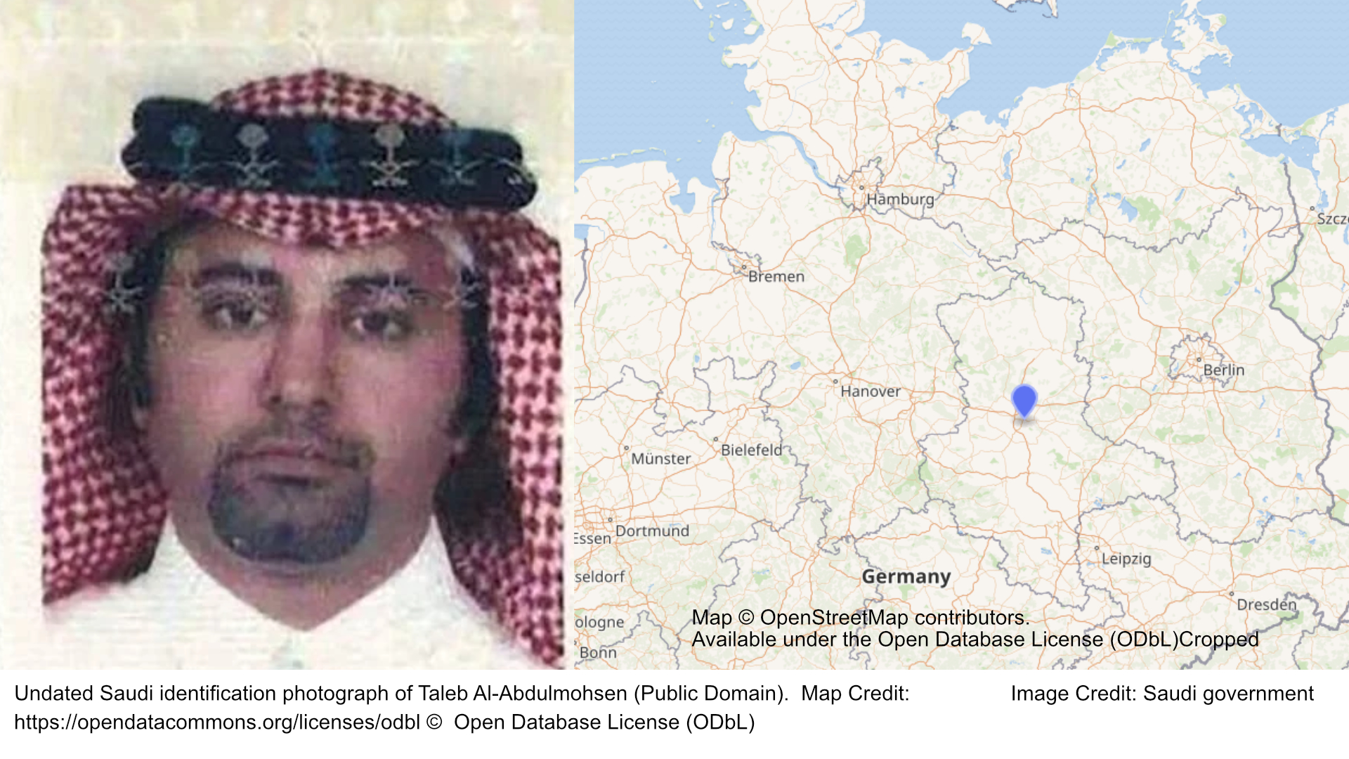 Undated Saudi identification photograph of Taleb Al-Abdulmohsen (Public Domain). Map Credit: