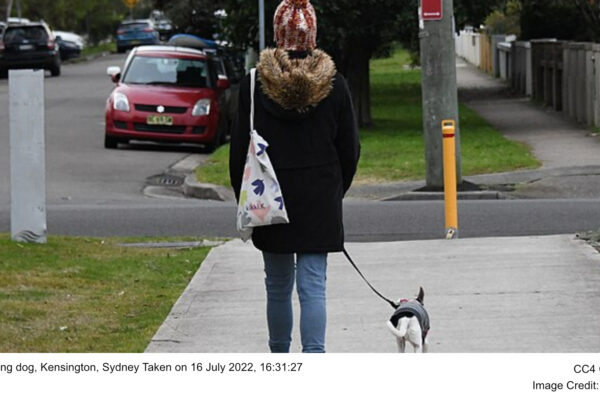 Girl walking dog, Kensington, Sydney Taken on 16 July 2022, 16:31:27