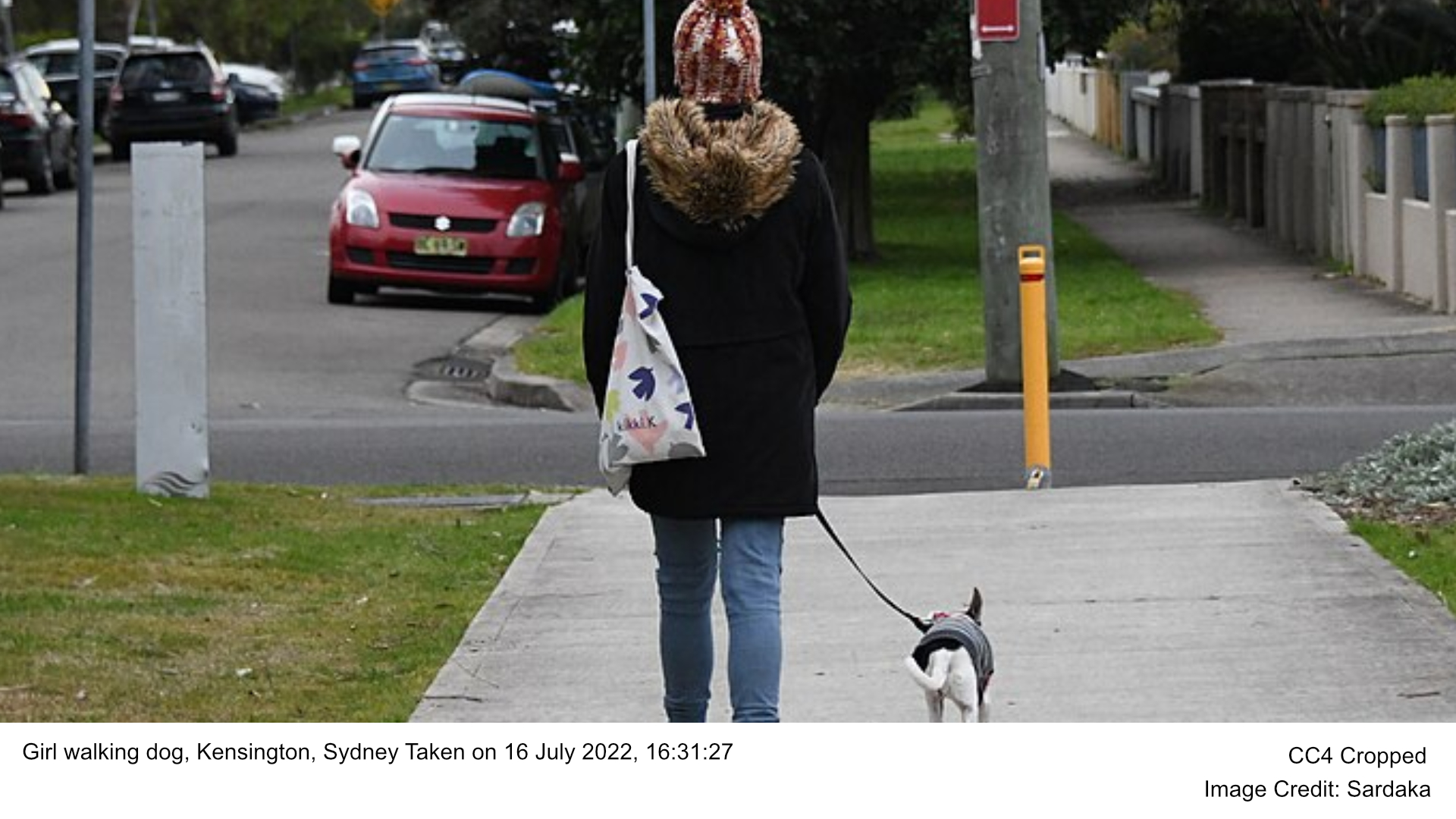 Girl walking dog, Kensington, Sydney Taken on 16 July 2022, 16:31:27