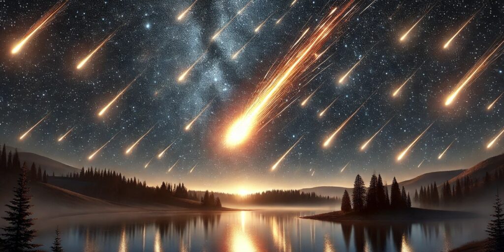 A dazzling meteor shower with bright meteors streaking across a star-filled night sky, featuring a vivid fireball with a glowing trail. Below, a calm lake reflects the meteors, stars, and surrounding silhouetted trees, adding depth and tranquility to the scene.