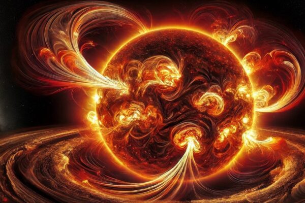 A stunning solar plasma burst erupts from the surface of the Sun, with fiery loops and streams of red, orange, and yellow plasma against the blackness of space. The Sun's surface is detailed with sunspots and granular textures, emphasizing its turbulent activity.