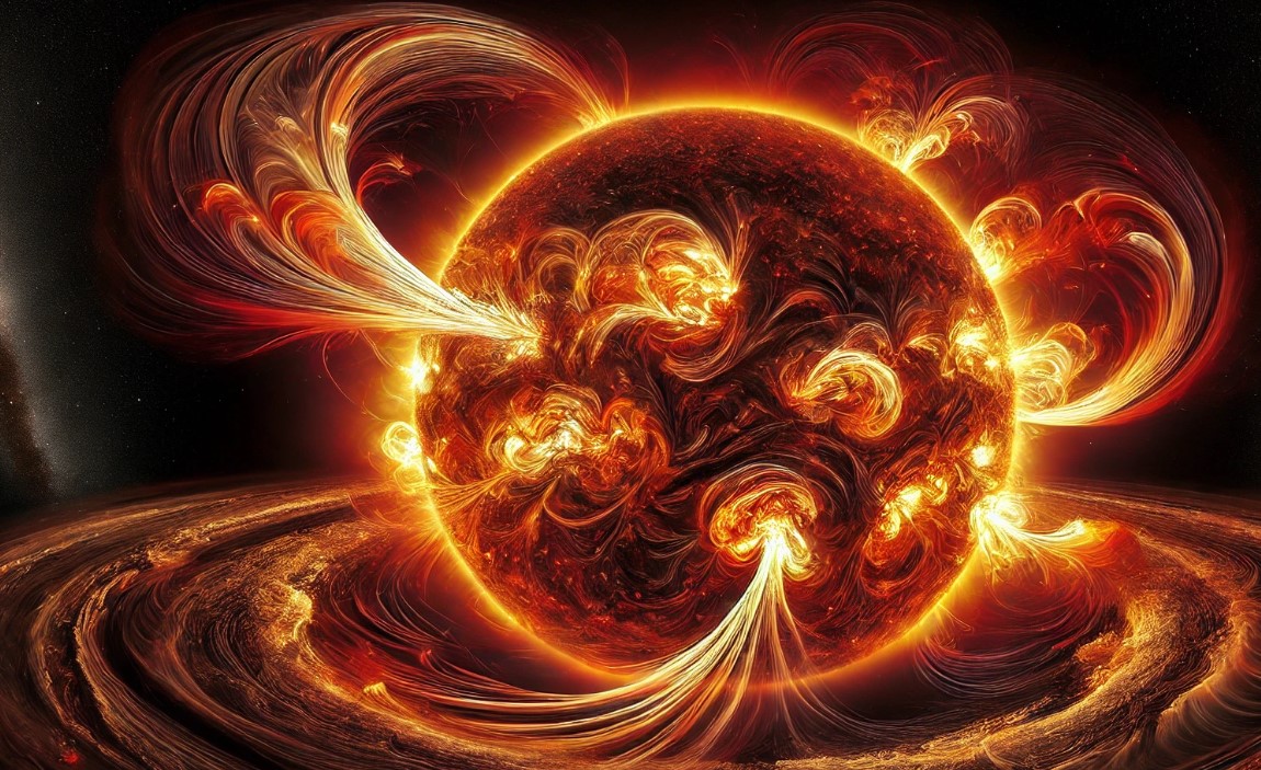 A stunning solar plasma burst erupts from the surface of the Sun, with fiery loops and streams of red, orange, and yellow plasma against the blackness of space. The Sun's surface is detailed with sunspots and granular textures, emphasizing its turbulent activity.