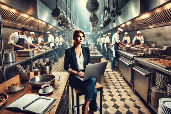 The scene depicts a bustling restaurant kitchen, lively with activity and filled with professional culinary energy. At the forefront of the image is a woman, seated at a small desk tucked in the back corner of the kitchen. She appears to be the owner, dressed in smart casual attire—a blouse paired with dark trousers. Her focus is on the laptop in front of her, her posture exuding a mix of determination and thoughtfulness as she works, presumably on advertising strategies for her business.