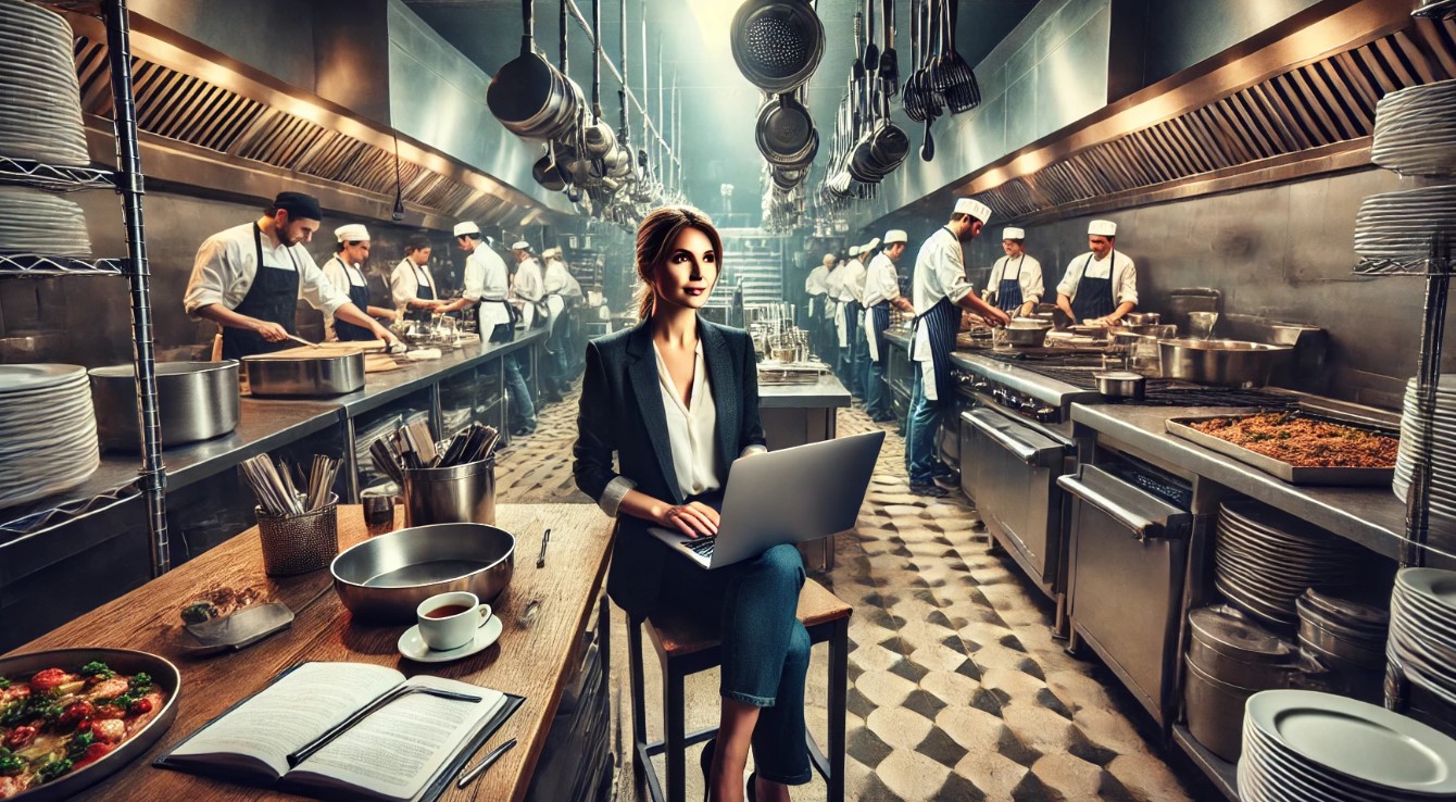 The scene depicts a bustling restaurant kitchen, lively with activity and filled with professional culinary energy. At the forefront of the image is a woman, seated at a small desk tucked in the back corner of the kitchen. She appears to be the owner, dressed in smart casual attire—a blouse paired with dark trousers. Her focus is on the laptop in front of her, her posture exuding a mix of determination and thoughtfulness as she works, presumably on advertising strategies for her business.